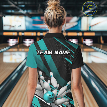 Custom Black And Turquoise Blue Bowling Team Jersey, Bowling League Women Polo Shirt IPHW9812