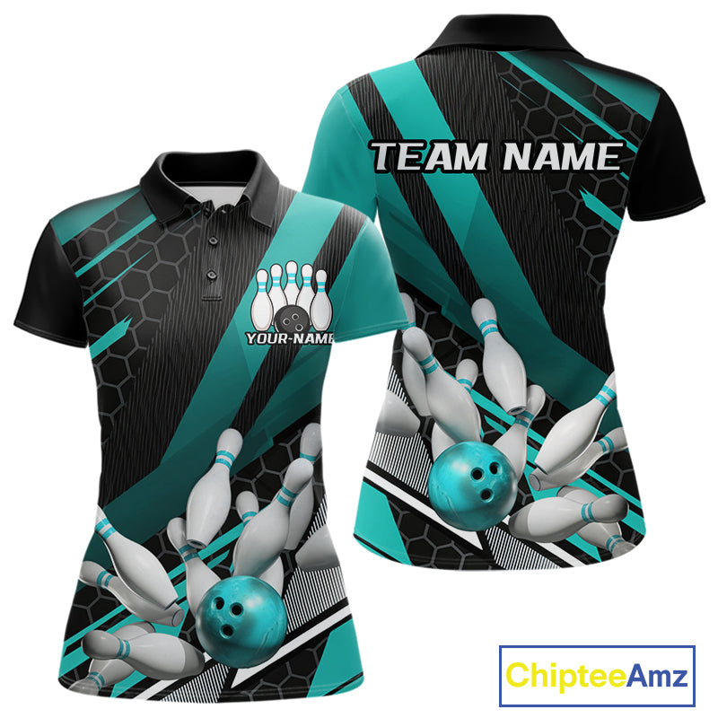 Custom Black And Turquoise Blue Bowling Team Jersey, Bowling League Women Polo Shirt IPHW9812