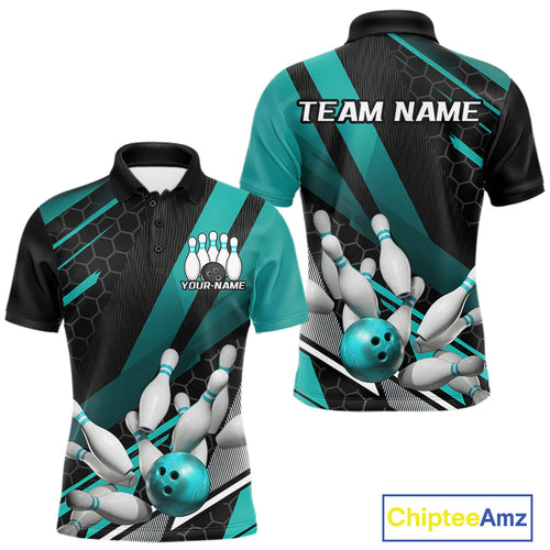 Custom Black And Turquoise Blue Bowling Team Jersey, Striking Bowling League Men Polo Shirt IPHW9812