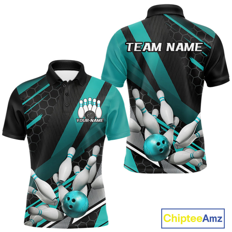 Custom Black And Turquoise Blue Bowling Team Jersey, Striking Bowling League Men Polo Shirt IPHW9812