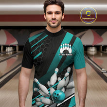 Load image into Gallery viewer, Custom Black And Turquoise Blue Bowling Team Jersey, Bowling League Men Quarter-Zip Shirt IPHW9812