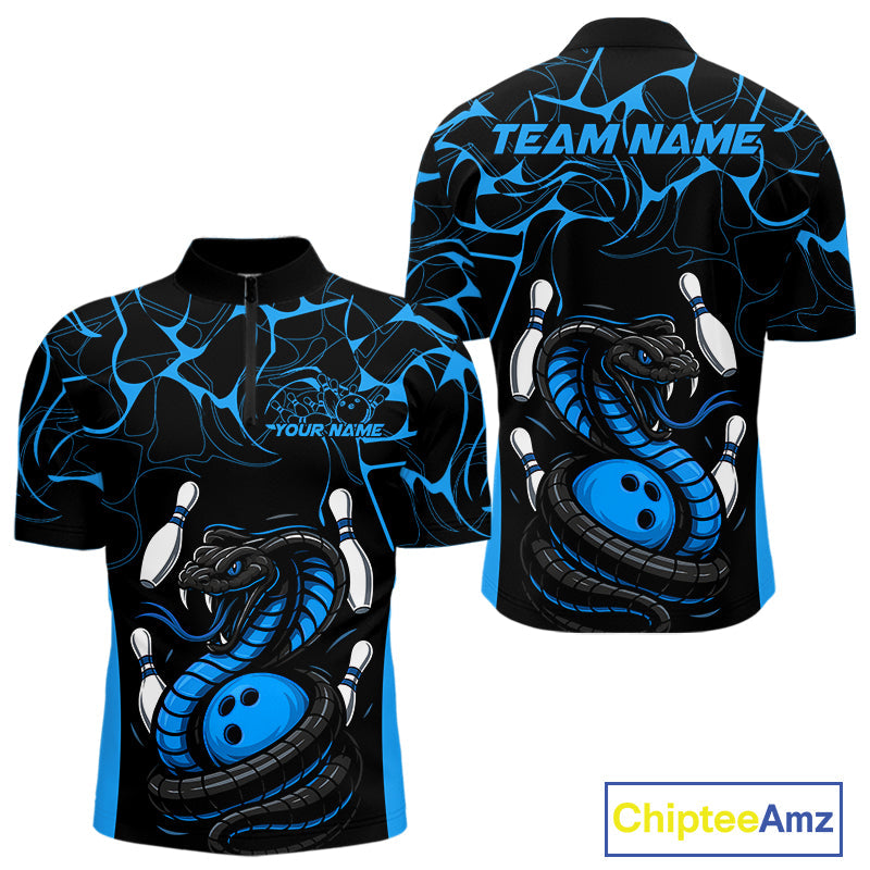 Custom Black And Blue Cobra Snake Bowling Jerseys, Bowling Team Men Quarter-Zip Shirts IPHW9814