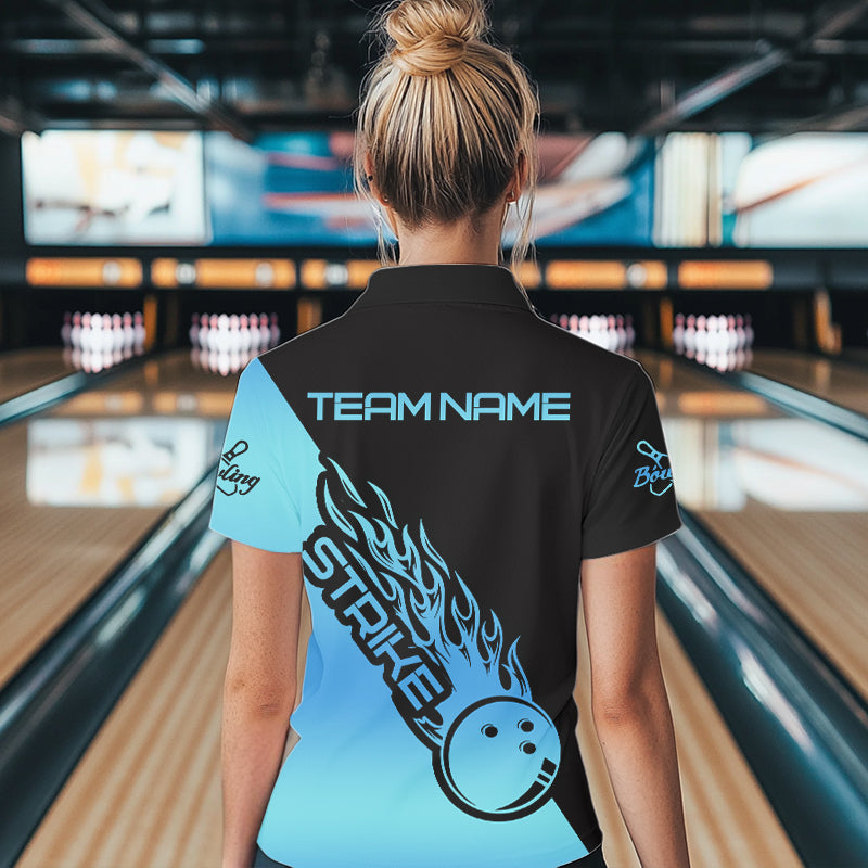 Black And Blue Custom Strike Bowling Polo Shirt For Women, Bowling Team Shirt Bowler Outfit IPHW8822