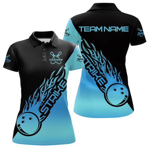 Black And Blue Custom Strike Bowling Polo Shirt For Women, Bowling Team Shirt Bowler Outfit IPHW8822