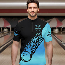 Load image into Gallery viewer, Black And Blue Custom Strike Bowling Quarter-Zip Shirts For Men, Bowling Team Shirt Bowler Outfit IPHW8822