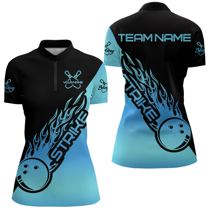 Black And Blue Custom Strike Bowling Womens Quarter-Zip Shirts, Bowling Team Bowler Outfit IPHW8822