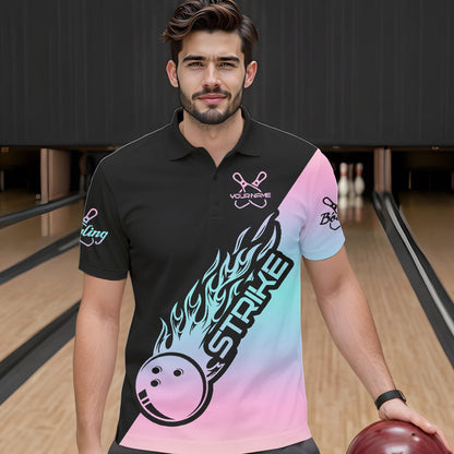 Blue And Pink Custom Strike Bowling Polo Shirts For Men, Bowling Team Shirt Bowler Outfit IPHW8823