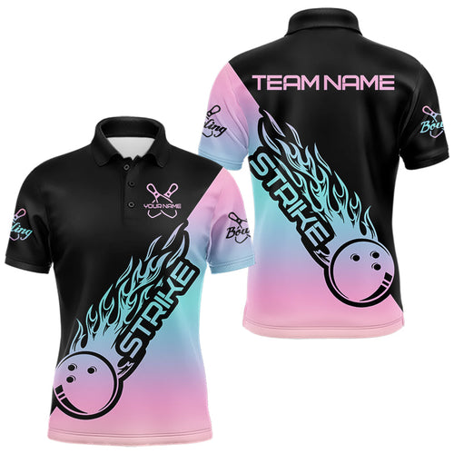 Blue And Pink Custom Strike Bowling Polo Shirts For Men, Bowling Team Shirt Bowler Outfit IPHW8823