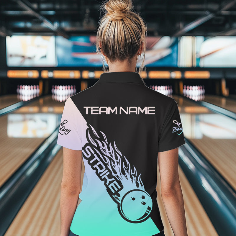 Green And Purple Custom Strike Bowling Womens Polo Shirts, Bowling Team Shirt Bowler Outfit IPHW8824