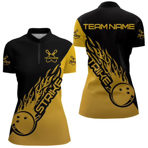 Black And Golden Custom Strike Bowling Women Quarter-Zip Shirts, Bowling Team Bowler Outfit IPHW8825