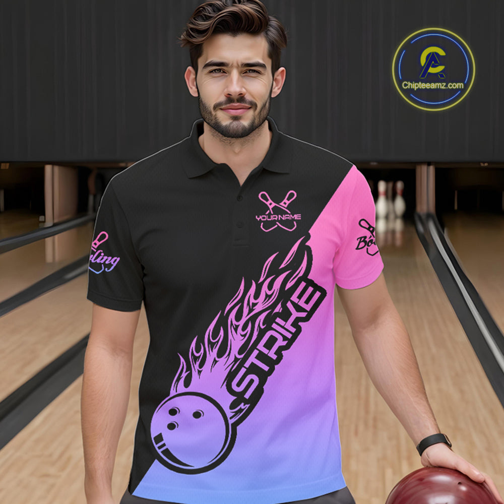 Blue, Purple And Pink Custom Strike Bowling Men Polo Shirts, Bowling Team Shirt Bowler Outfit IPHW8826
