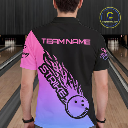 Blue, Purple And Pink Custom Strike Bowling Men Polo Shirts, Bowling Team Shirt Bowler Outfit IPHW8826