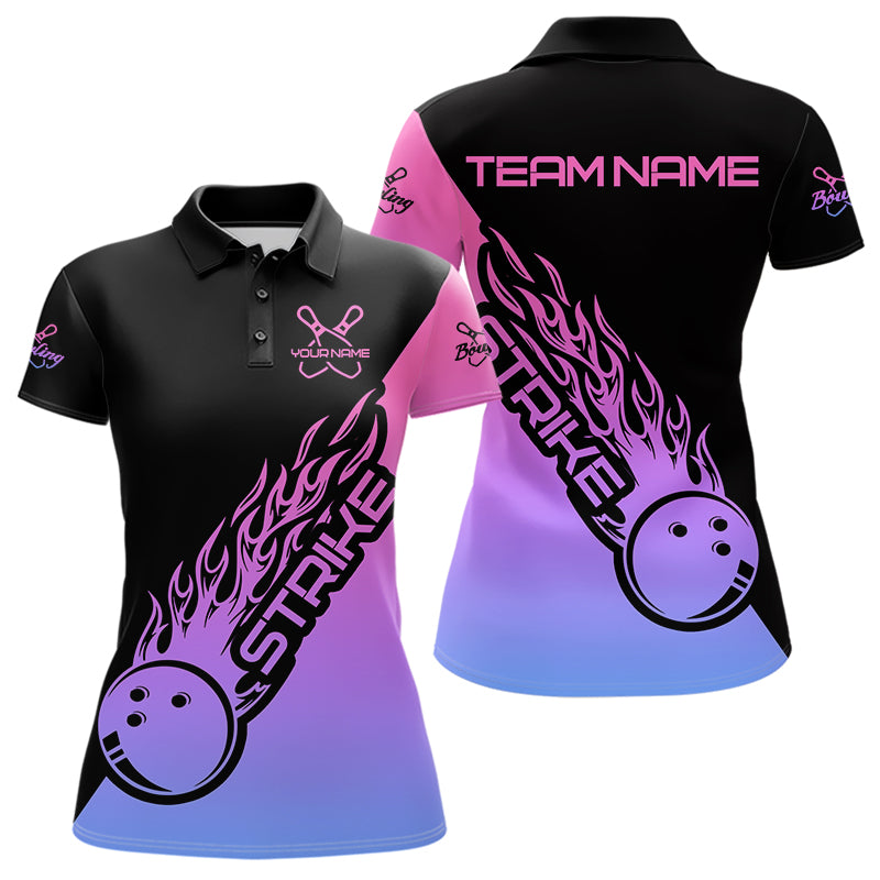 Blue, Purple And Pink Custom Strike Bowling Women Polo Shirts, Bowling Team Bowler Outfit IPHW8826