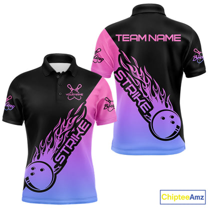 Blue, Purple And Pink Custom Strike Bowling Men Polo Shirts, Bowling Team Shirt Bowler Outfit IPHW8826