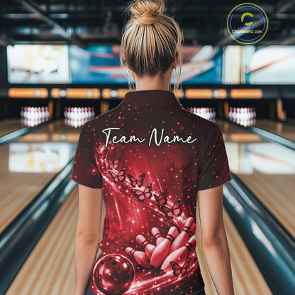 Custom Red Butterfly Bowling Women Polo Team Shirt, Ladies Bowling League Shirt IPHW10903