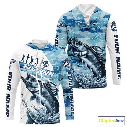 Walleye Fishing Custom Long Sleeve Tournament Shirts, Blue Camo Walleye Fishing Jersey For Fisherman IPHW6319