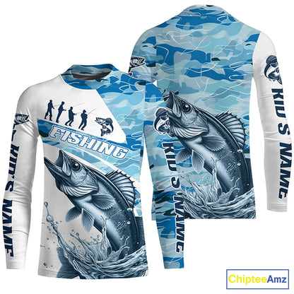 Walleye Fishing Custom Long Sleeve Tournament Shirts, Blue Camo Walleye Fishing Jersey For Fisherman IPHW6319