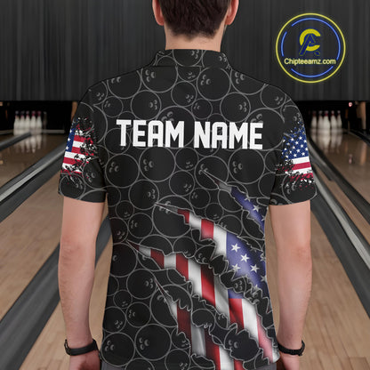 Custom Patriotic Bowling Shirts For Men, American Flag Bowling Uniform Bowlers Outfit | Black IPHW6778