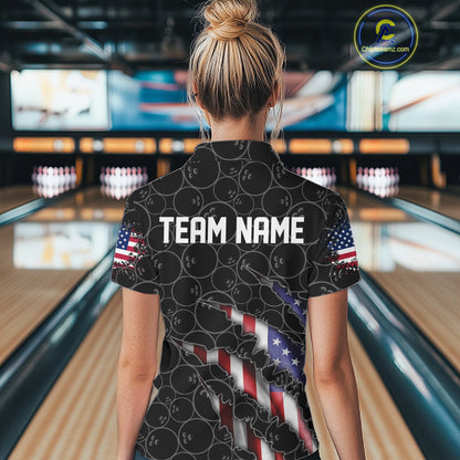 Custom Black Bowling Ball Pattern Shirt, Patriotic US Flag Bowling Polo Shirt For Women IPHW6778
