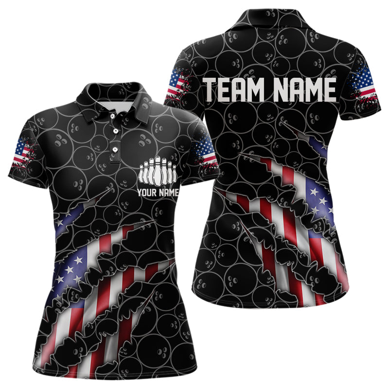 Custom Black Bowling Ball Pattern Shirt, Patriotic US Flag Bowling Polo Shirt For Women IPHW6778