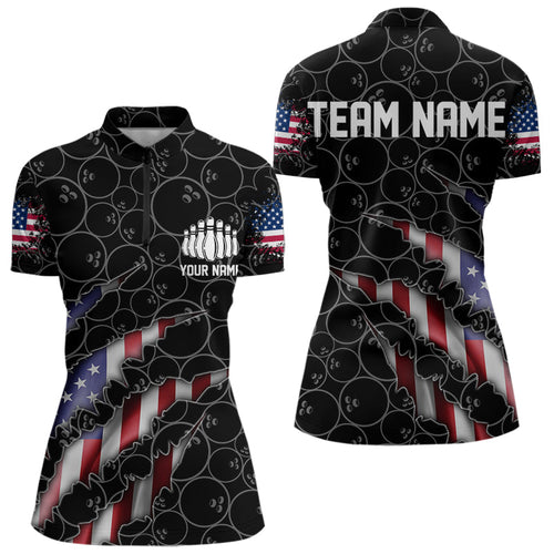 Custom Black Bowling Ball Pattern Shirt, Patriotic US Flag Bowling Women Quarter-Zip IPHW6778