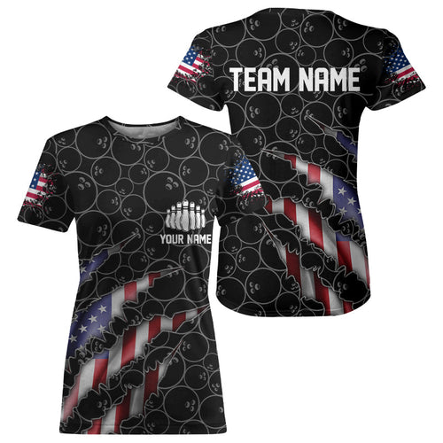 Custom Black Bowling Ball Pattern Shirt, Patriotic US Flag Bowling T-Shirts For Women IPHW6778
