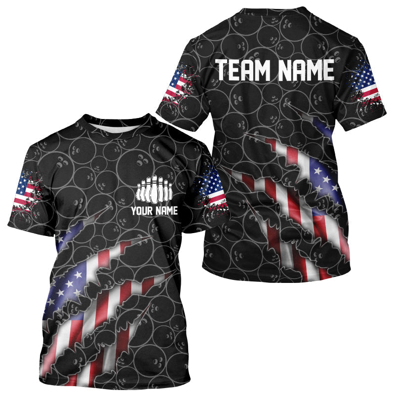 Custom Black Bowling Ball Pattern Shirt, Patriotic US Flag Bowling T-Shirts For Men IPHW6778