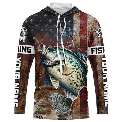 Custom Crappie Long Sleeve Fishing Shirts For Men, Patriotic Amerian Flag Crappie Fishing Shirt IPHW6889