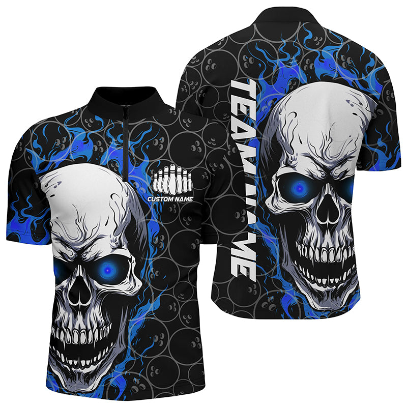 Custom Skull Bowling Quarter-Zip Shirt For Men,Flame Bowler Jerseys  5008IPHW