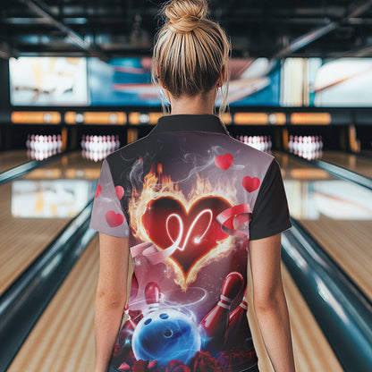 Custom Valentines Couple Bowling Polo Shirts For Women, Roses And Flame Bowling For Lovers IPHW8340