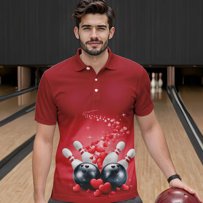 Custom Red Valentine Bowling Polo Shirts For Men, Valentines Day Couple Bowling Outfits  IPHW8348
