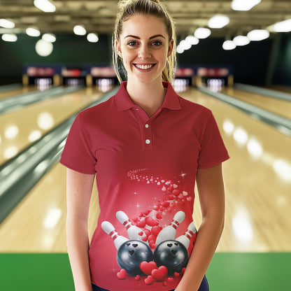 Custom Red Valentine Bowling Polo Shirts For Women, Valentines Day Couple Bowling Outfits  IPHW8348