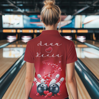 Custom Red Valentine Bowling Polo Shirts For Women, Valentines Day Couple Bowling Outfits  IPHW8348