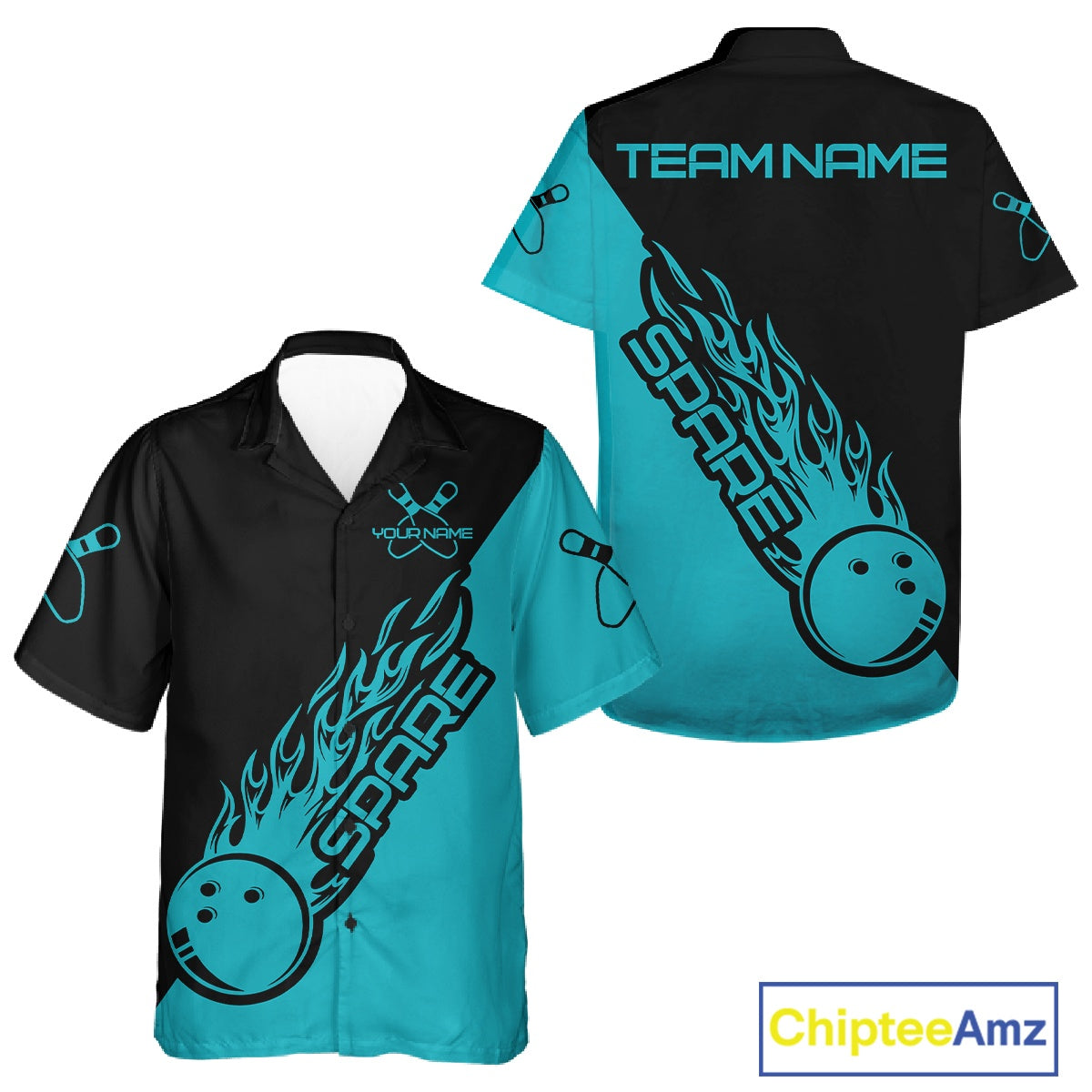 Custom Black And Blue Flame Spare Bowling Men And Women Shirts, Bowling Team League Jerseys IPHW10689