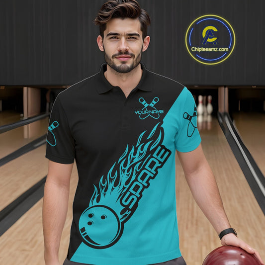 Custom Black And Blue Flame Spare Bowling Men Shirts, Bowling Team League Jerseys IPHW10689