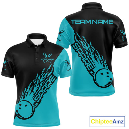 Custom Black And Blue Flame Spare Bowling Men Shirts, Bowling Team League Jerseys IPHW10689