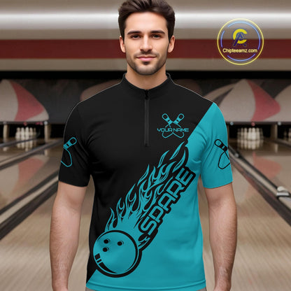 Custom Black And Blue Flame Spare Bowling Men Shirts, Bowling Team League Jerseys IPHW10689