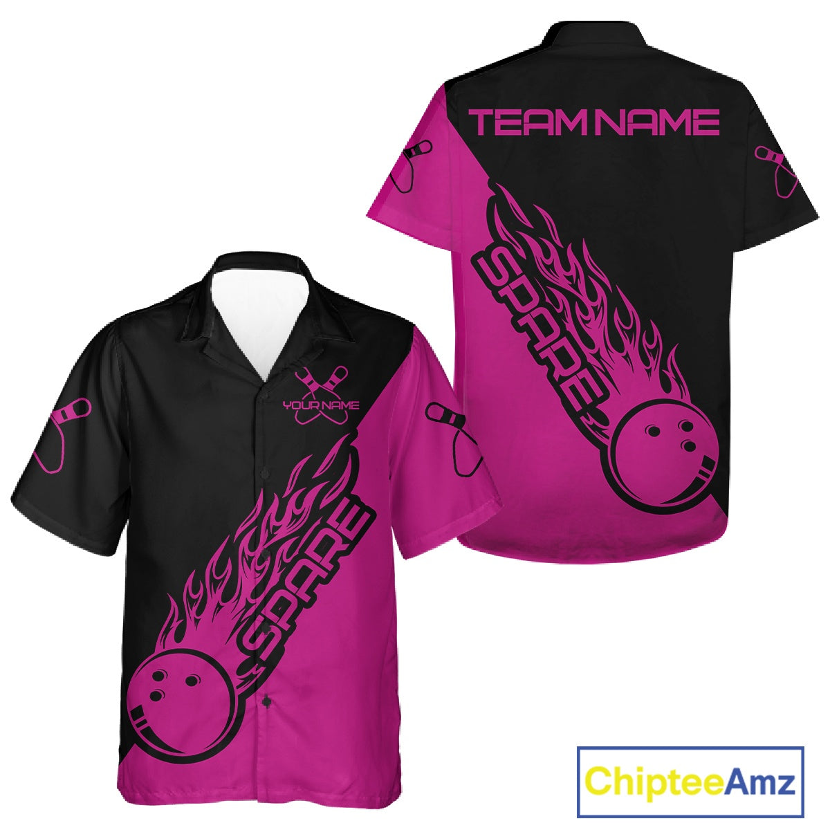 Custom Black And Pink Flame Spare Bowling Men And Women Shirts, Bowling Team League Jerseys IPHW10691