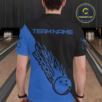 Custom Black And Blue Flame Spare Bowling Men Shirts, Bowling Team League Jerseys IPHW10692