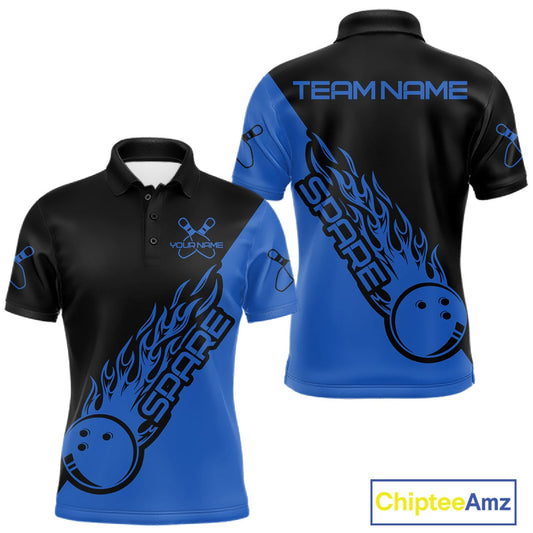 Custom Black And Blue Flame Spare Bowling Men Shirts, Bowling Team League Jerseys IPHW10692