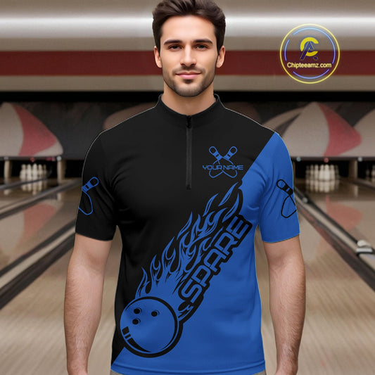 Custom Black And Blue Flame Spare Bowling Men Shirts, Bowling Team League Jerseys IPHW10692