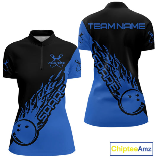 Custom Black And Blue Flame Spare Bowling Women Shirts, Bowling Team League Jerseys IPHW10692