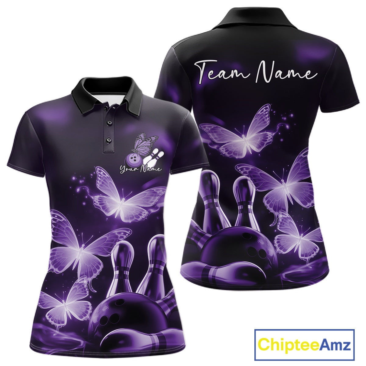 Custom Purple Butterfly Bowling Polo Shirts For Women, Bowling Team Shirt With Butterflies IPHW10700