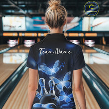 Load image into Gallery viewer, Custom Blue Butterfly Bowling Polo Shirts For Women, Bowling Team Shirt With Butterflies IPHW10701