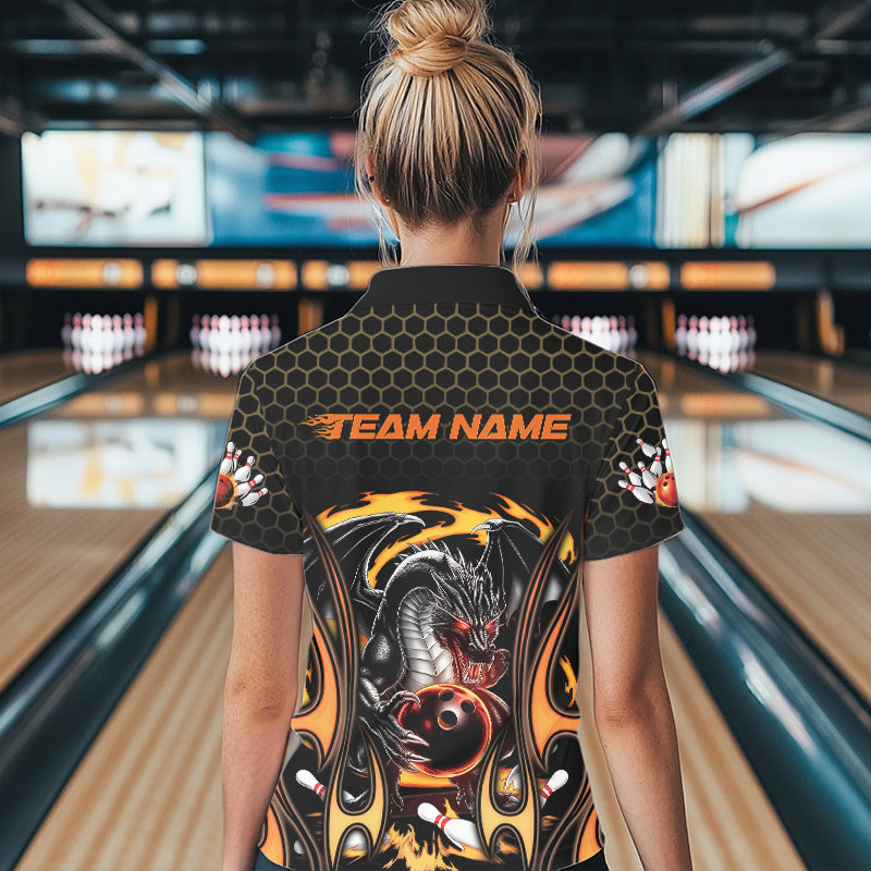 Custom Black And Yellow Flame Dragon Bowling Women Polo Shirts, Team Bowling League Shirt IPHW8839