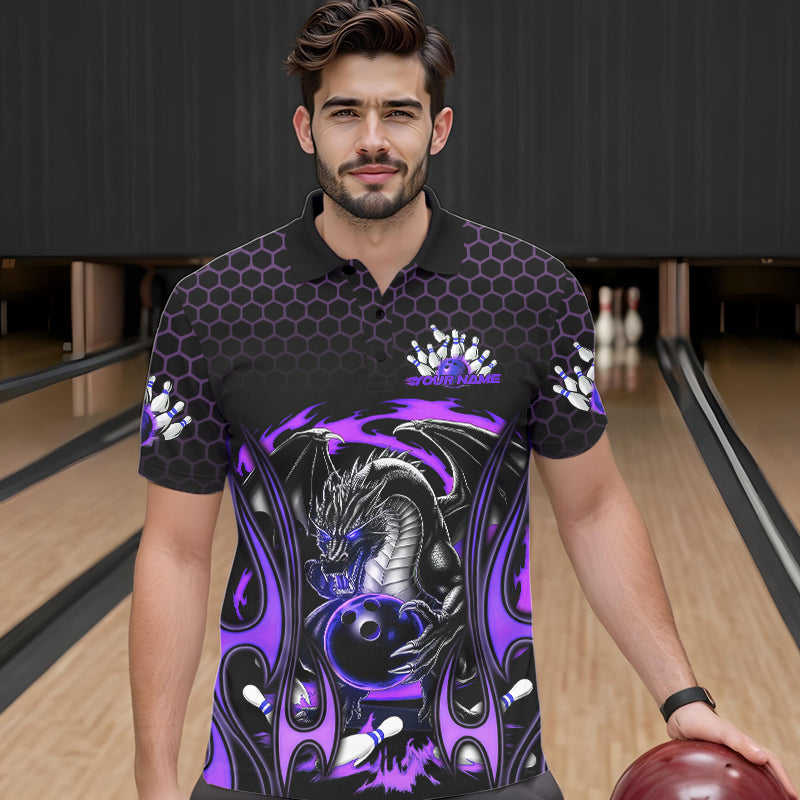 Custom Black And Purple Flame Dragon Bowling Men Polo Shirts, Team Bowling League Shirt IPHW8840