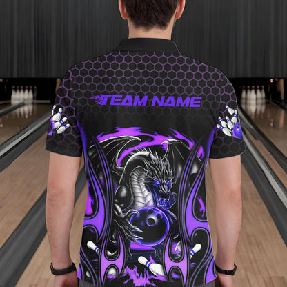 Custom Black And Purple Flame Dragon Bowling Men Polo Shirts, Team Bowling League Shirt IPHW8840