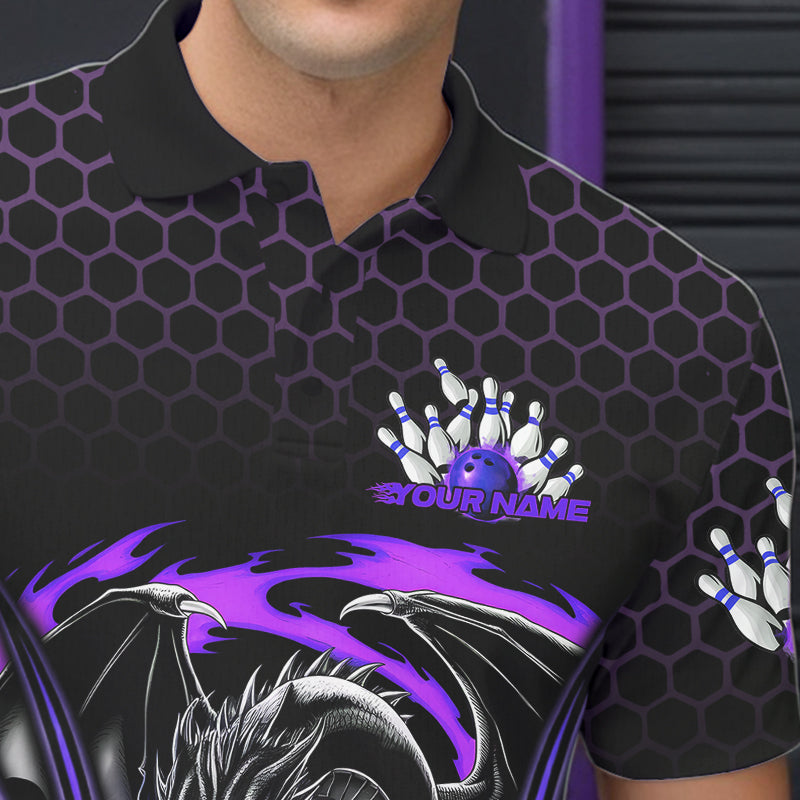 Custom Black And Purple Flame Dragon Bowling Men Polo Shirts, Team Bowling League Shirt IPHW8840