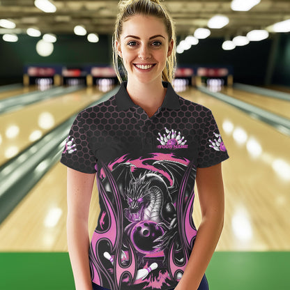 Custom Black And Pink Flame Dragon Bowling Women Polo Shirts, Team Bowling League Shirt IPHW8841