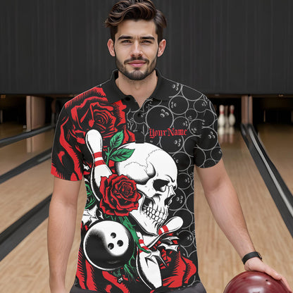Custom Red Roses And Skull Bowling Polo Shirts For Men, Team Bowling League Shirt IPHW8842